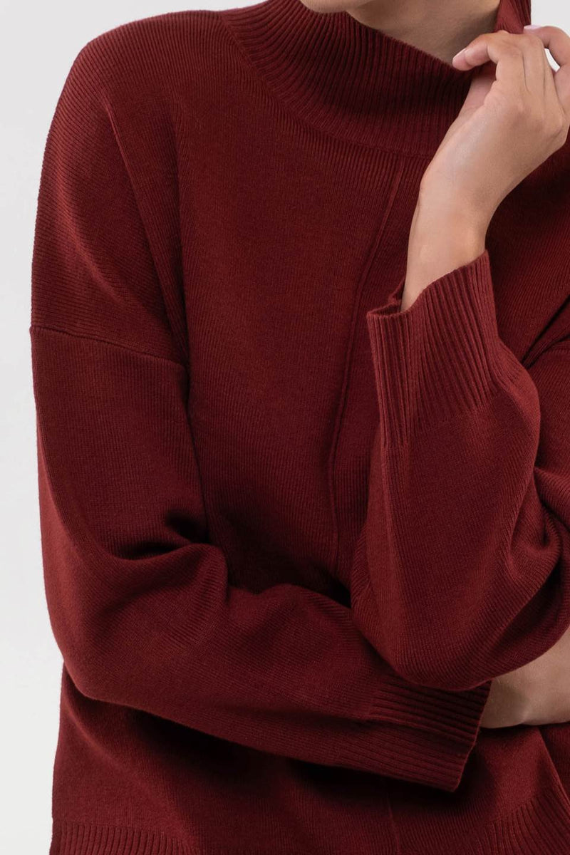 Solid Mock Neck Seam Front Knit Sweater (Rosewood)
