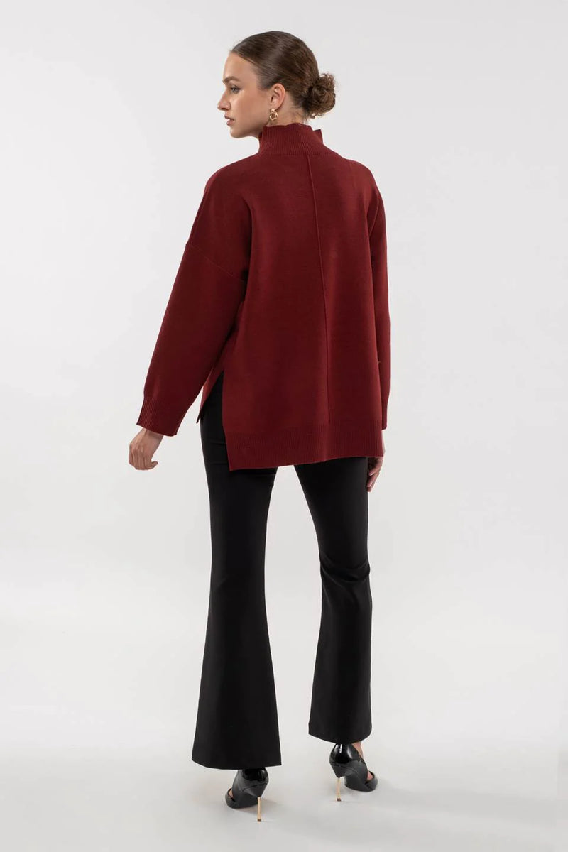 Solid Mock Neck Seam Front Knit Sweater (Rosewood)