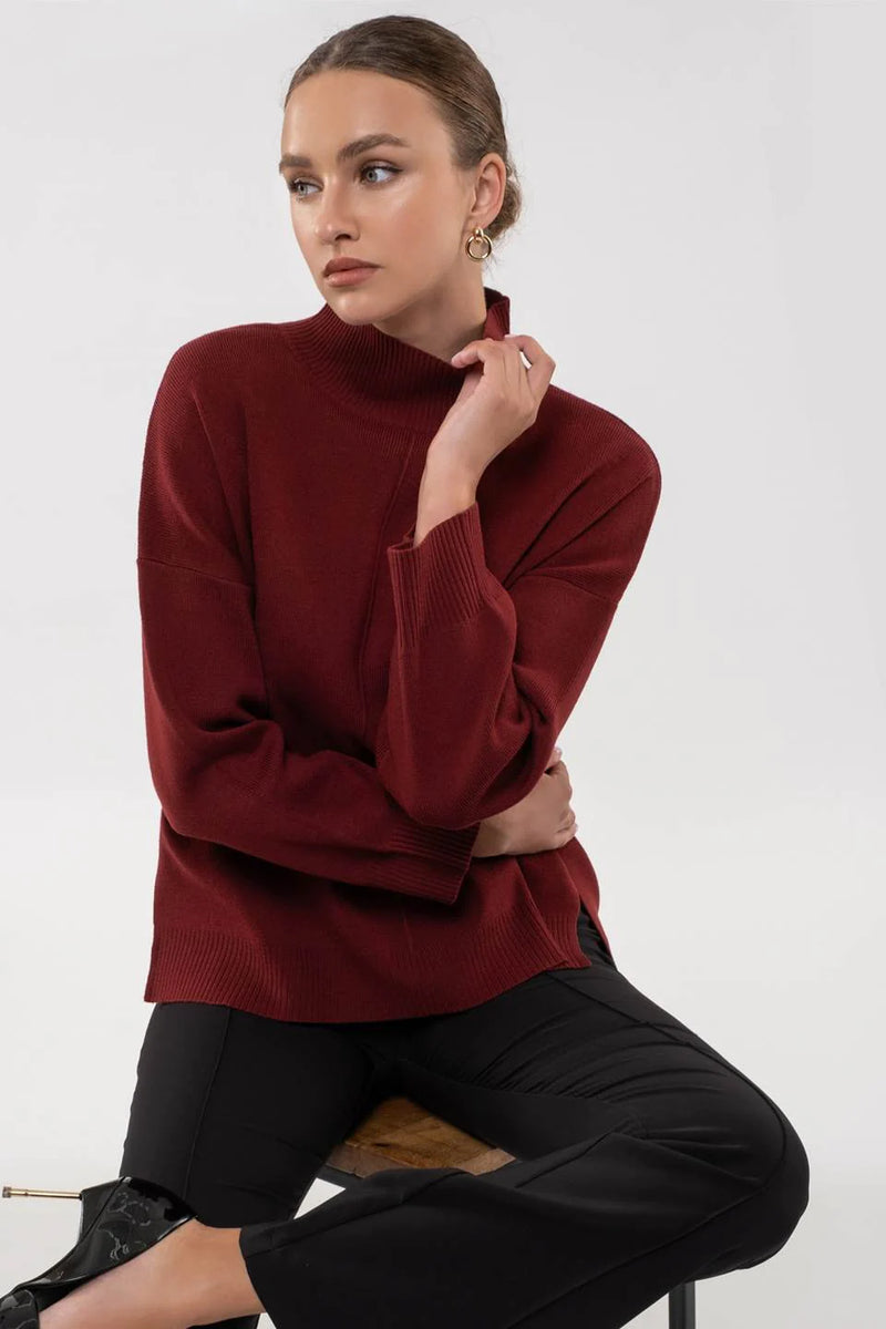 Solid Mock Neck Seam Front Knit Sweater (Rosewood)