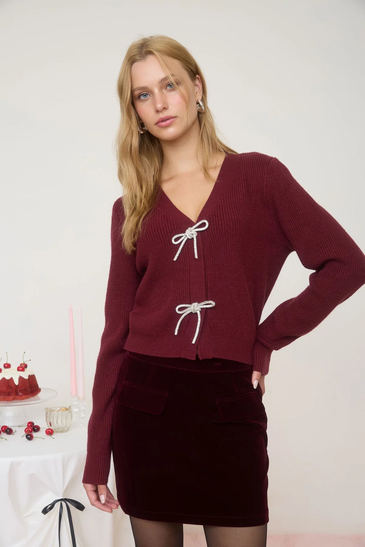 Jewel Bow Long Sleeve Knit Cardigan