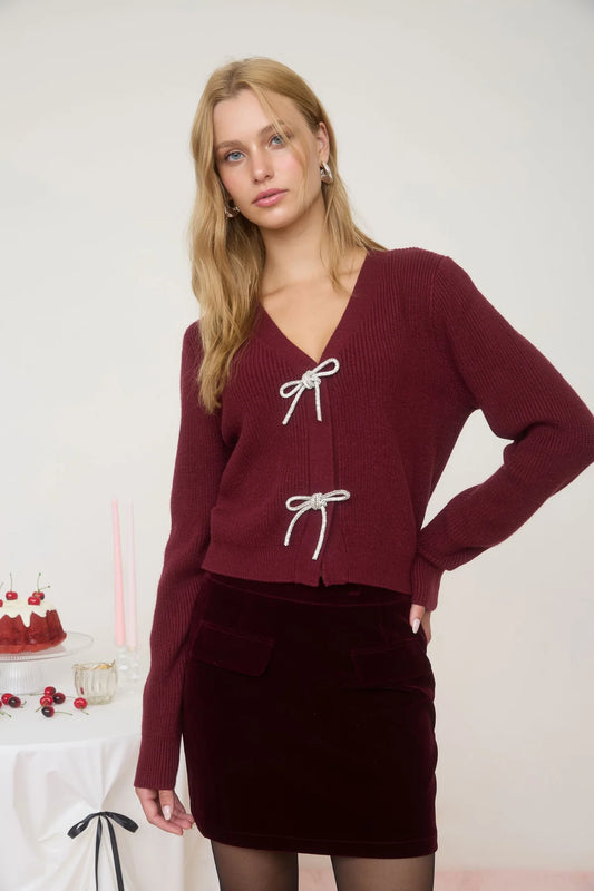 Jewel Bow Long Sleeve Knit Cardigan