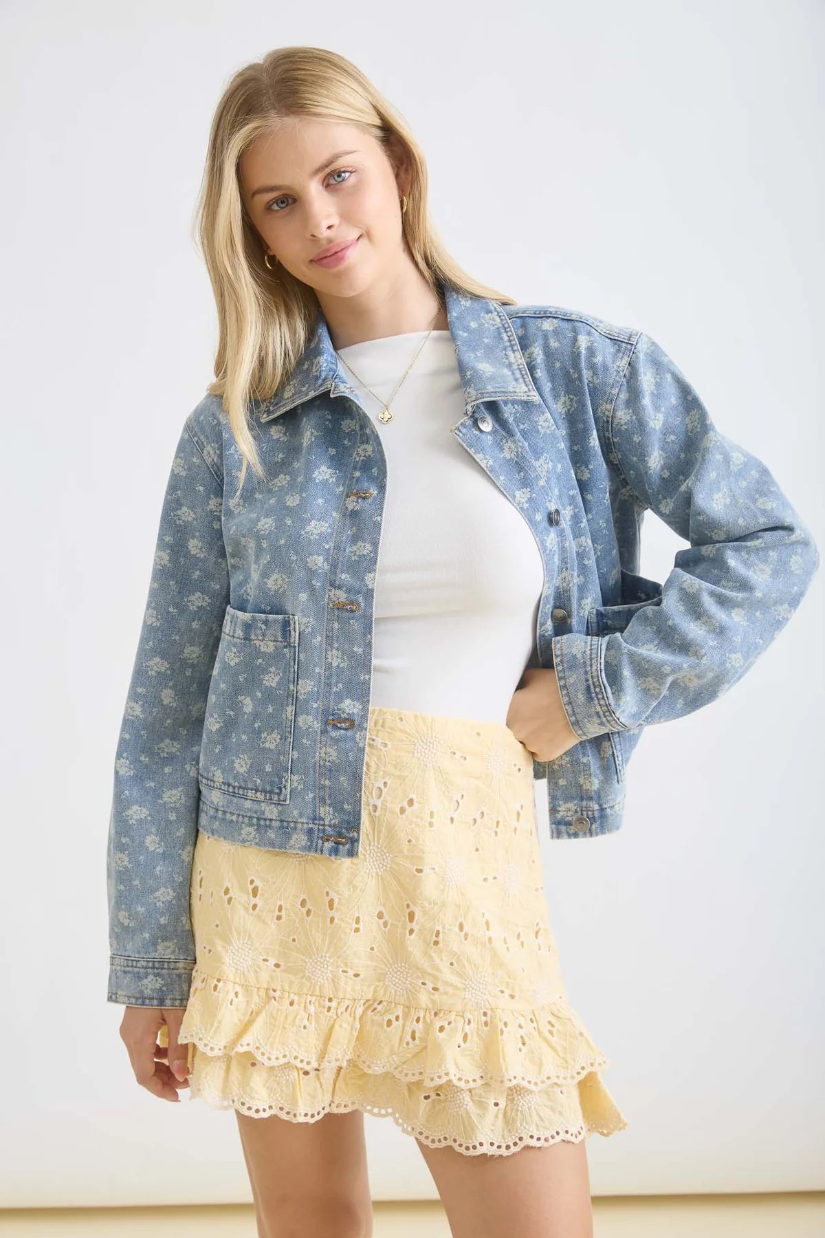 Floral Washed Denim Collared Button Down Jacket