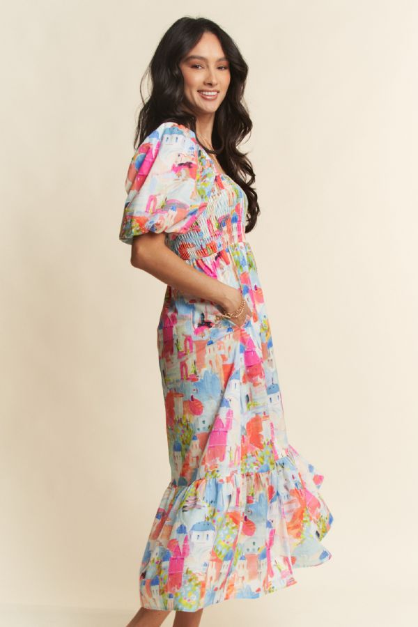 Bright Abstract Print Puff Sleeve Midi Dress (1X - 3X)