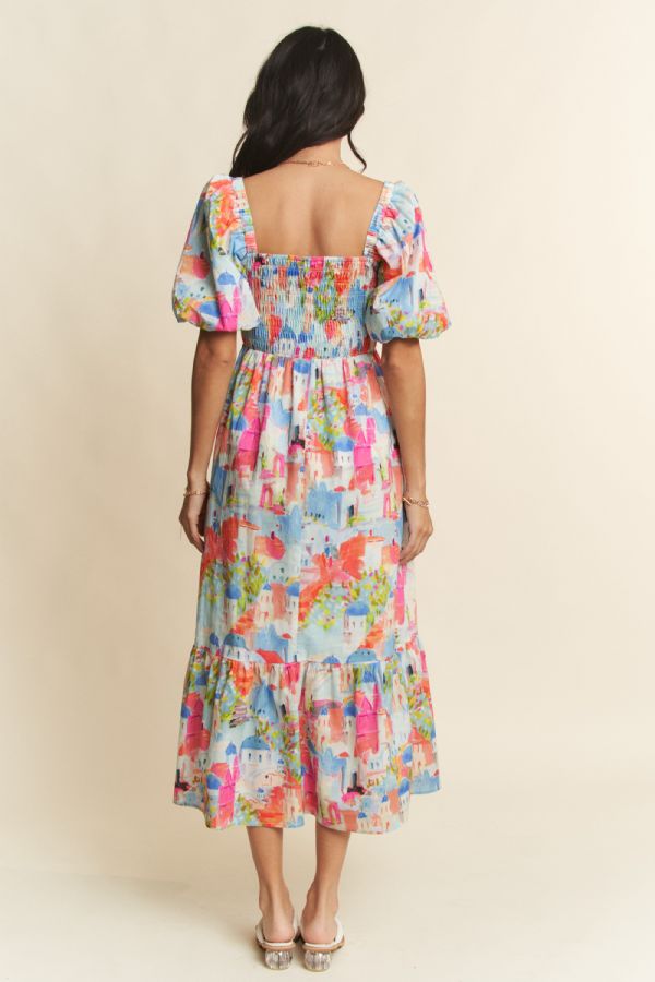 Bright Abstract Print Puff Sleeve Midi Dress (1X - 3X)