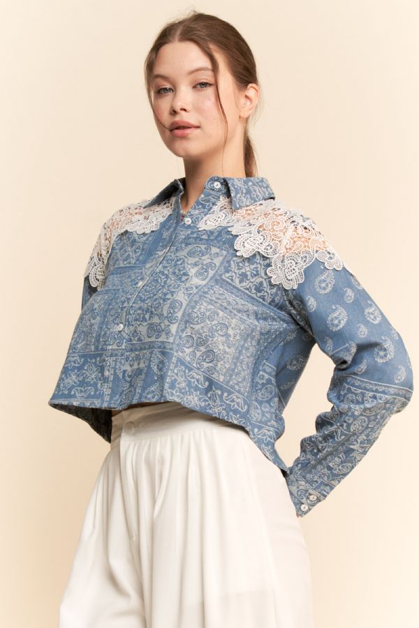 Paisley & Lace Button Front Top
