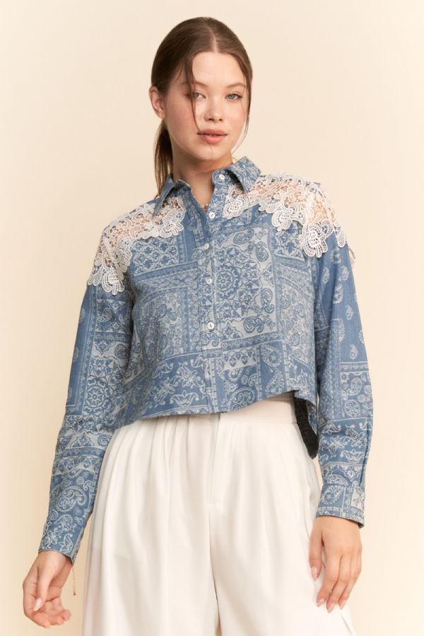 Paisley & Lace Button Front Top