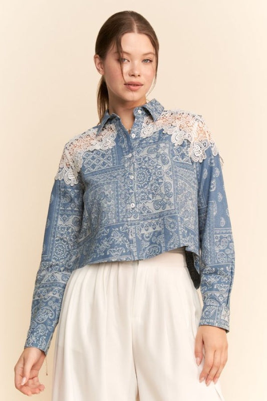 Paisley & Lace Button Front Top