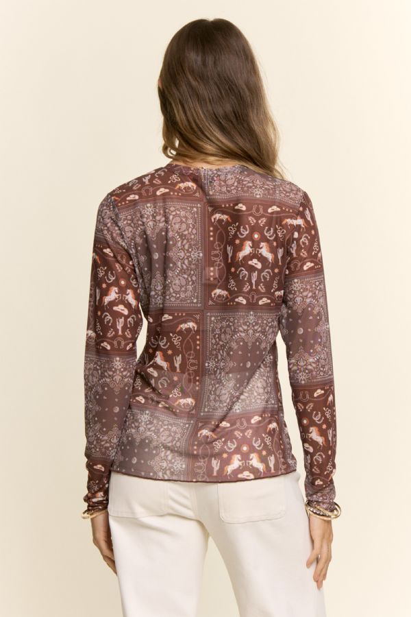 Western Motif Long Sleeve Mesh Top (S - 3XL)