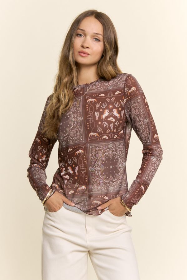 Western Motif Long Sleeve Mesh Top (S - 3XL)
