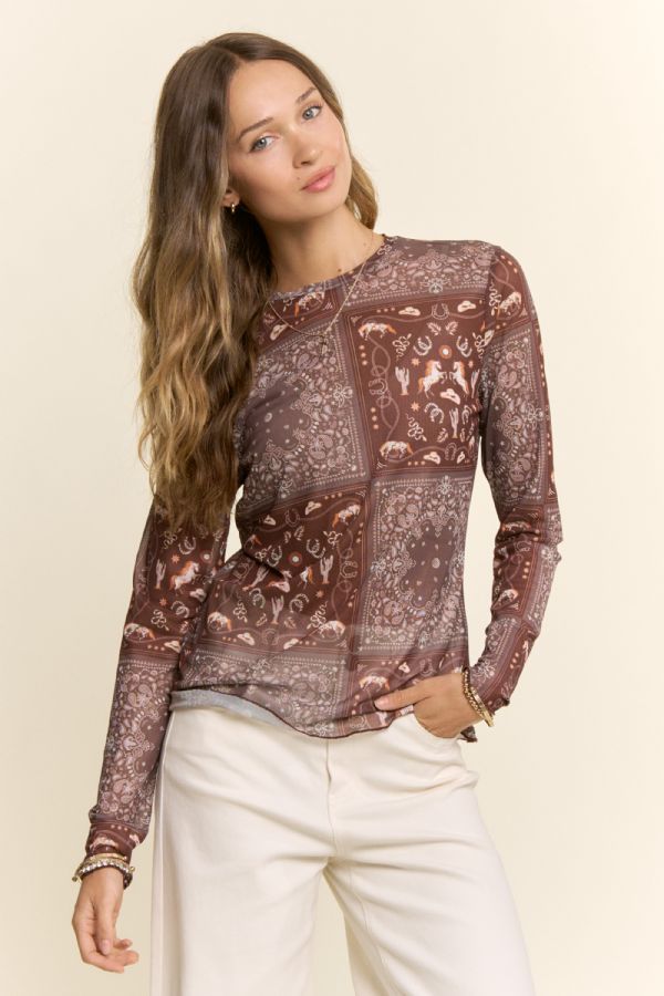 Western Motif Long Sleeve Mesh Top (S - 3XL)