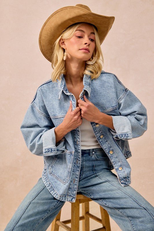 Washed Denim Jacket w/ Back Pleat