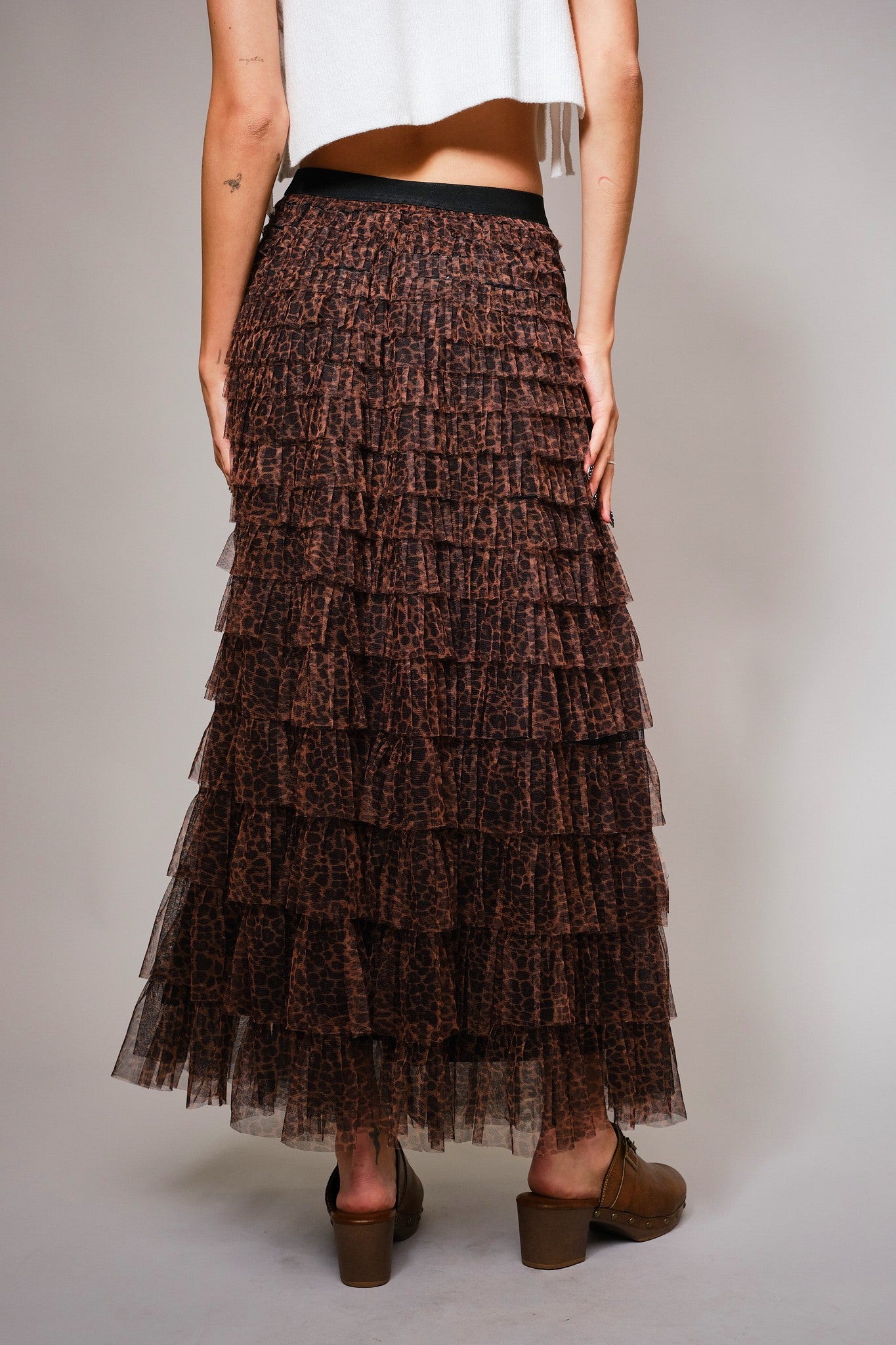 Elastic Waist Leopard Print Ruffle Tiered Midi Skirt