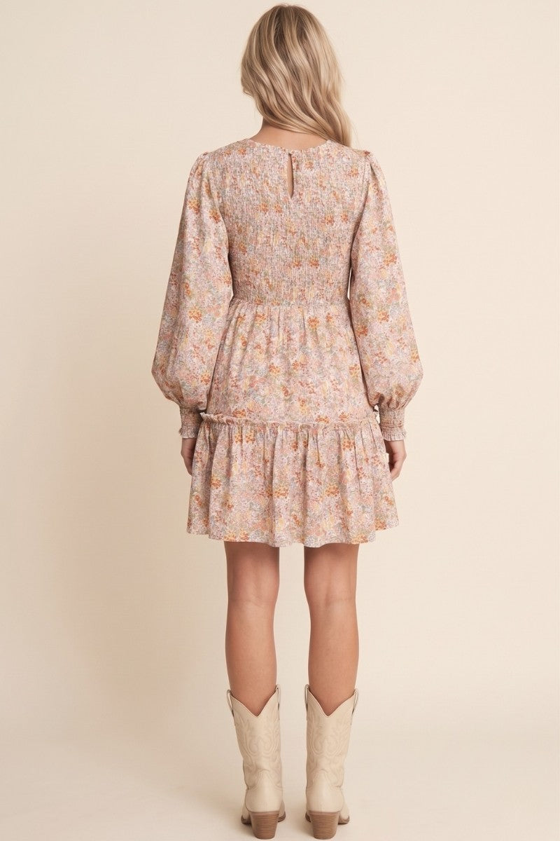 Smocked Bodice Long Sleeve Floral Print Dress