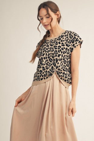 Short Sleeve Knot Detail Leopard Print Sweater