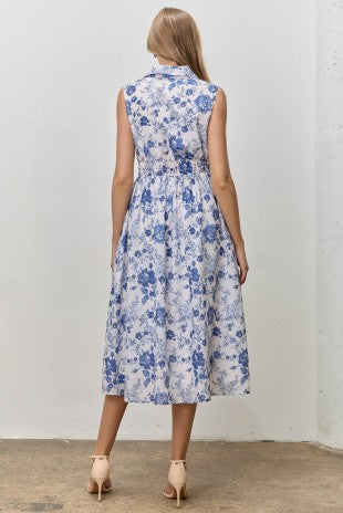 Blue Floral Print Collared Midi Dress (S - XL)