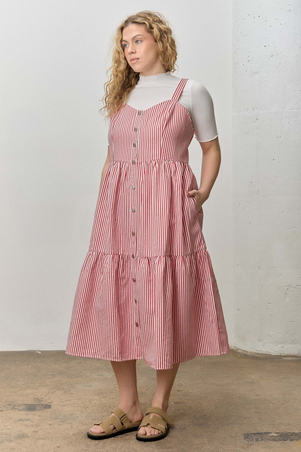 Red Stripe Button Up Midi Dress w/ Pockets (1X - 3X)