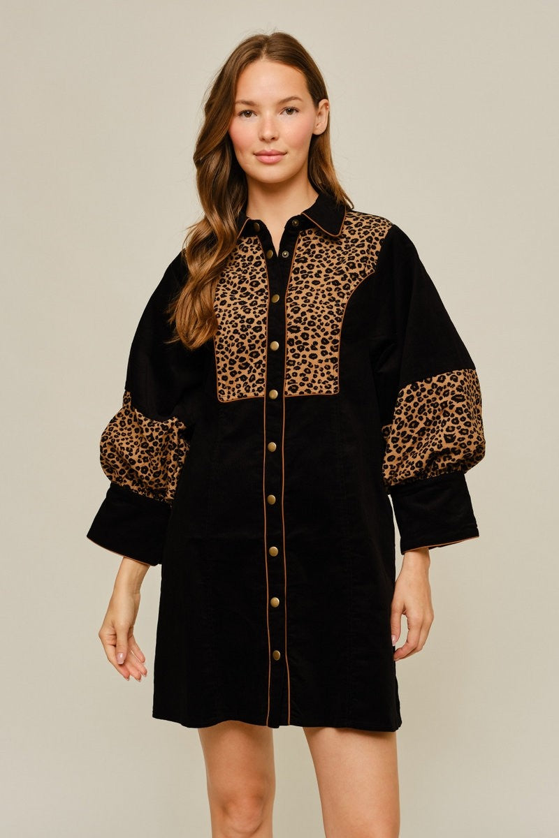 Leopard Contrast Button Front Corduroy Dress