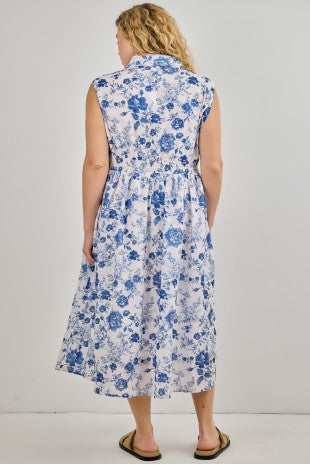 Blue Floral Print Collared Midi Dress (1X - 3X)