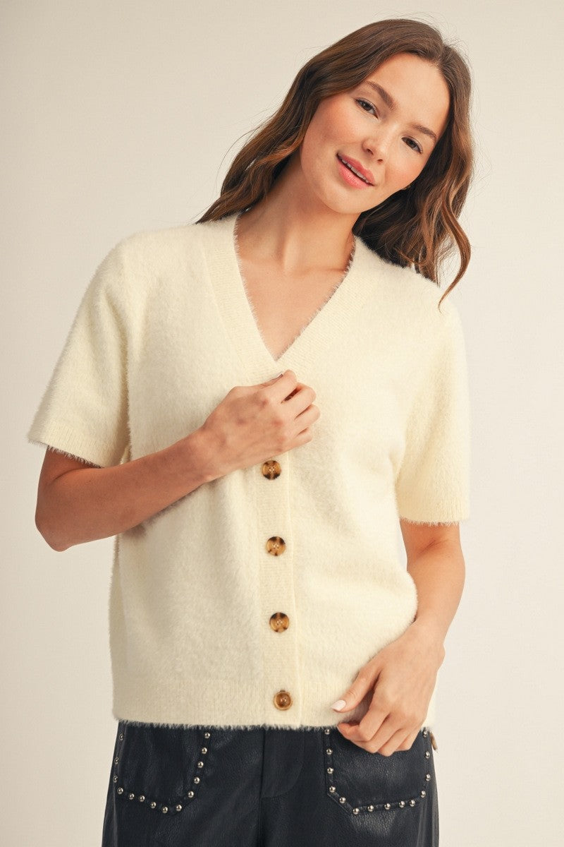 Short Sleeve V-Neck Fuzzy Cardigan (Cream)