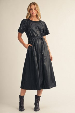 Waist Tie Faux Leather Midi Dress