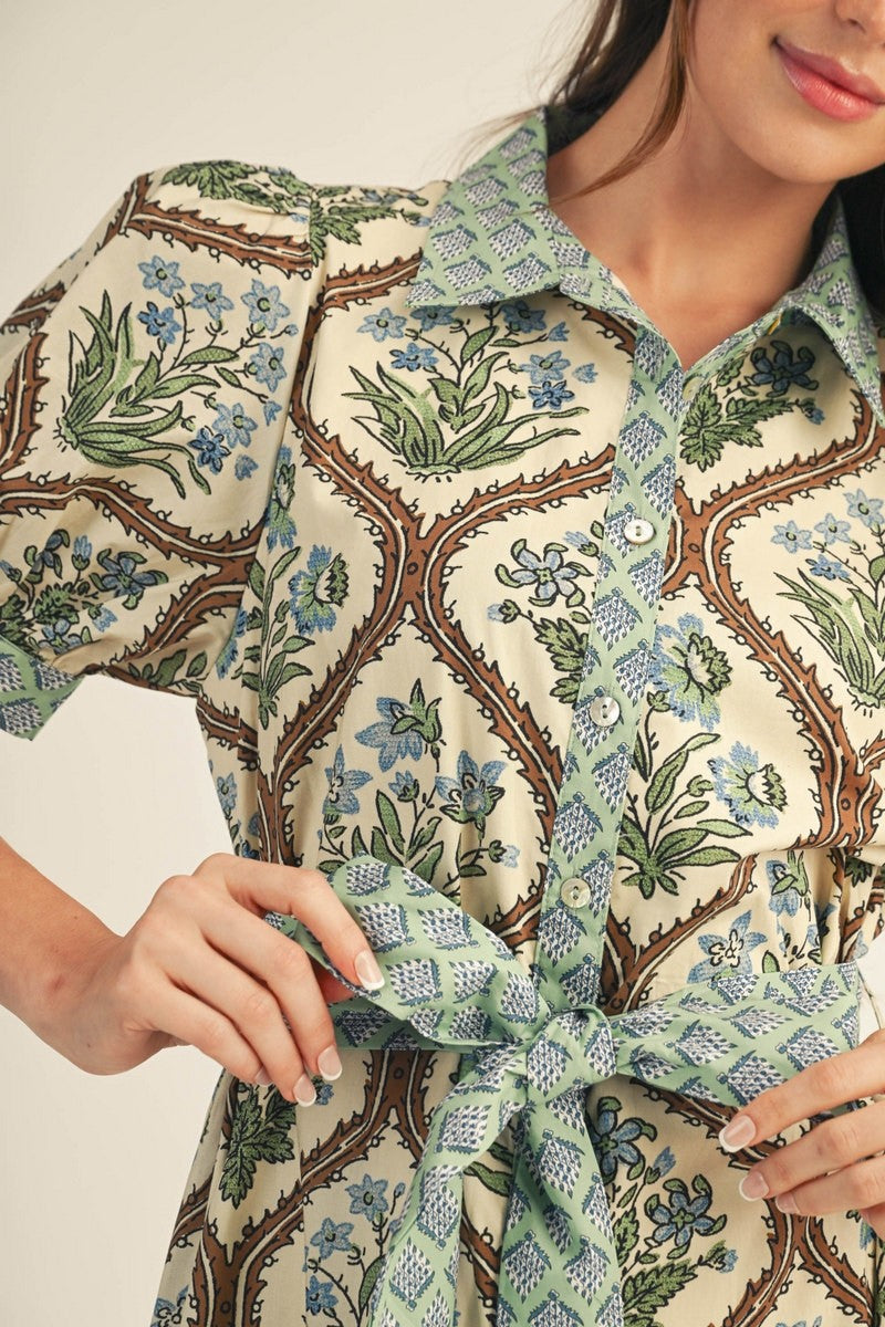 Button Front Tie Waist Floral Print Midi Dress