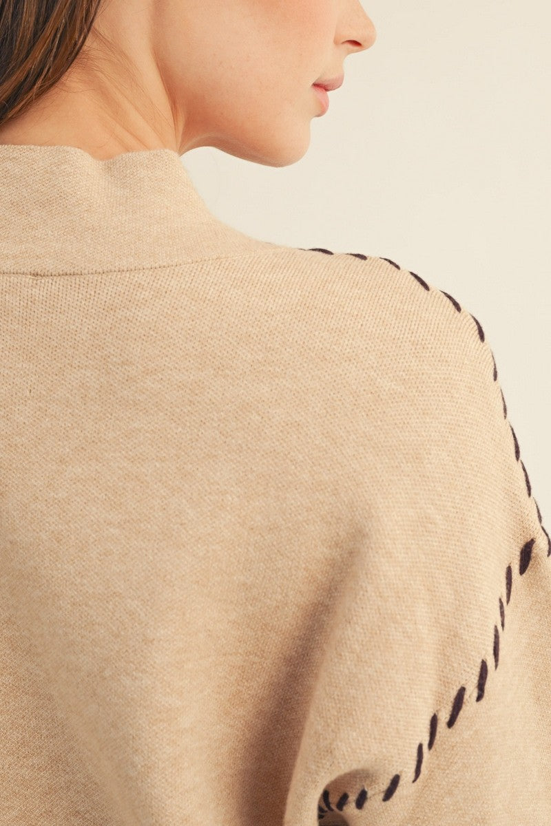 Contrast Stitch Accent Mock Neck Sweater (Oatmeal)