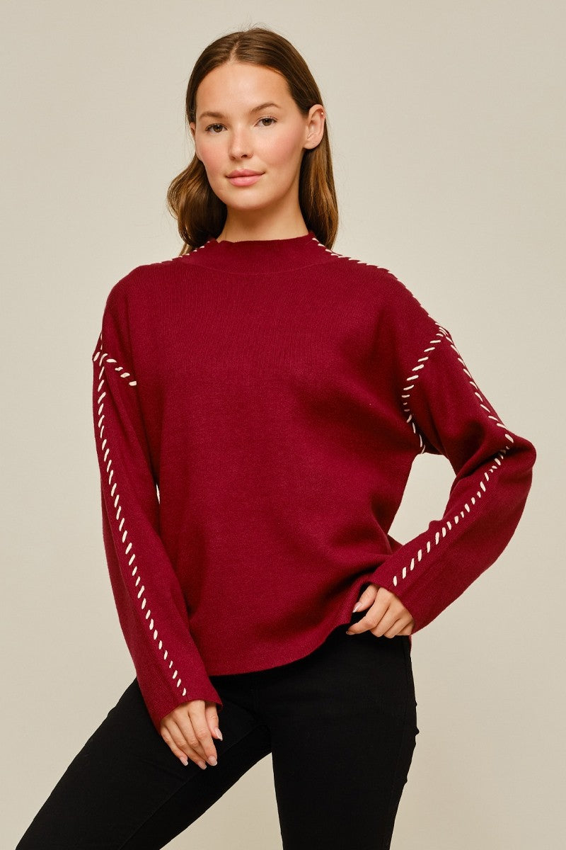 Contrast Stitch Accent Mock Neck Sweater (Burgundy)