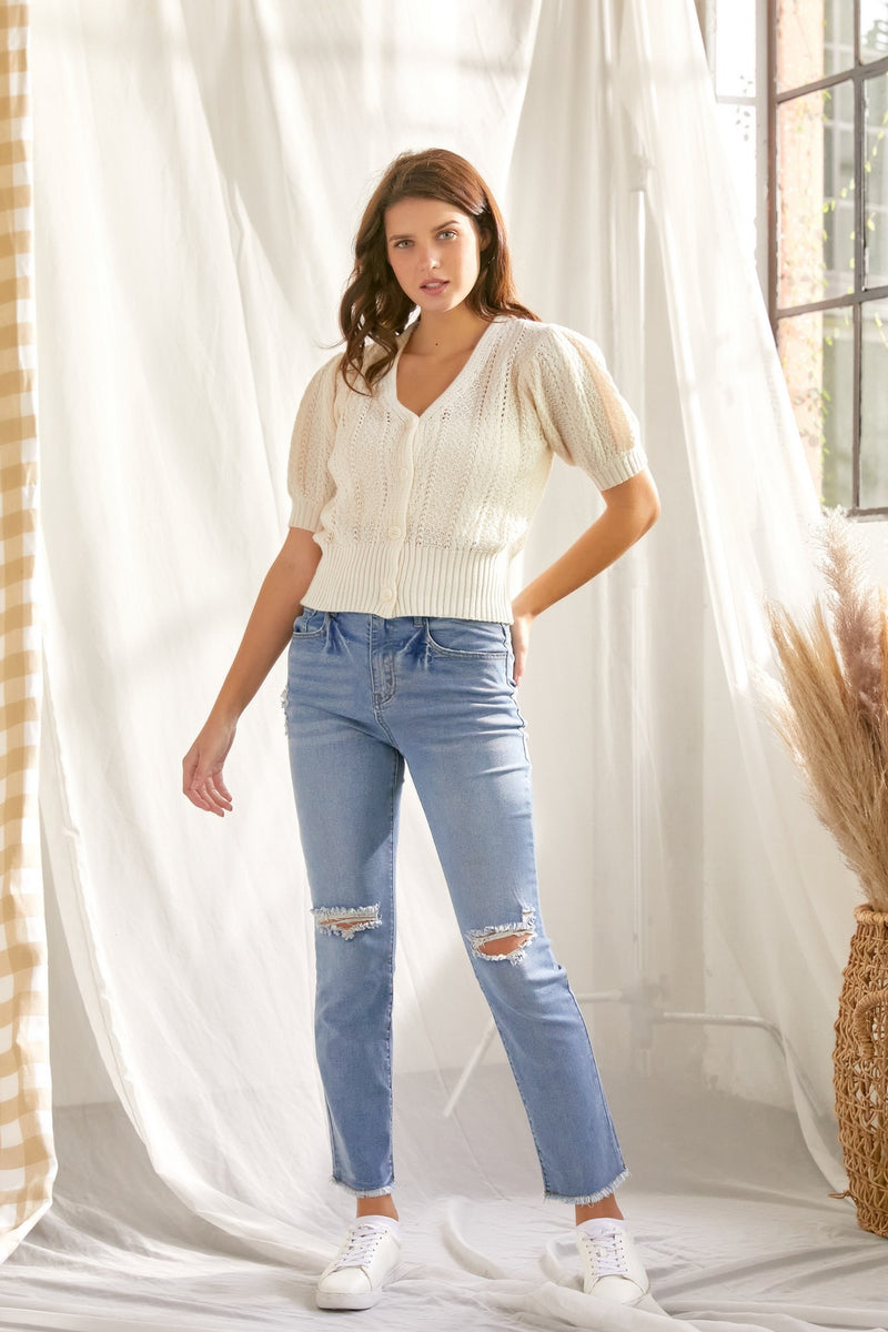 Knit Puff Sleeve Button Front Sweater