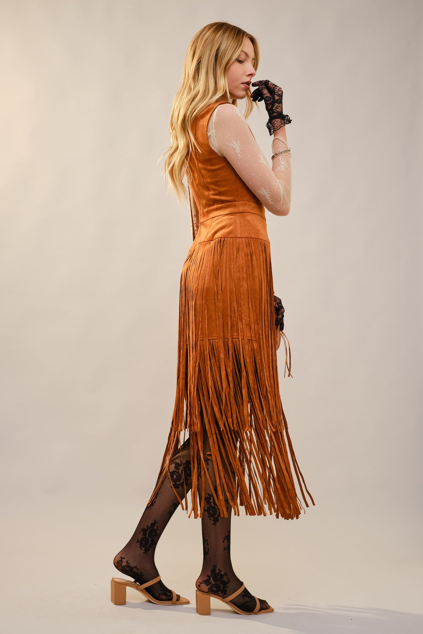 Faux Suede V-Neck Fringe Tiered Dress