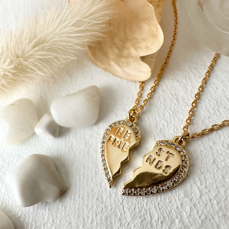 "Best Friends" Broken Heart Charm Necklaces in Gold