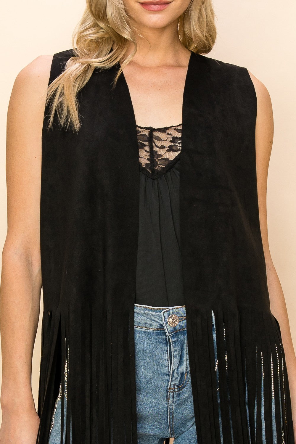 Long Fringe Sleeveless Suede Vest (Black)