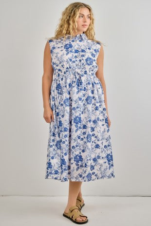 Blue Floral Print Collared Midi Dress (1X - 3X)