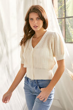 Knit Puff Sleeve Button Front Sweater