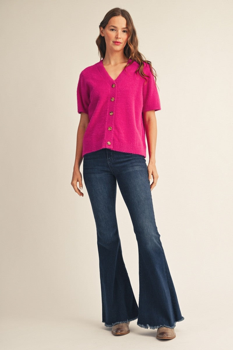 Short Sleeve V-Neck Fuzzy Cardigan