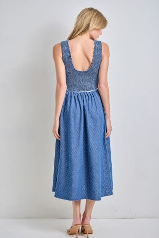 Denim Smocked Bodice Midi Dress w/ Ribbon Ties (XS - 3XL)
