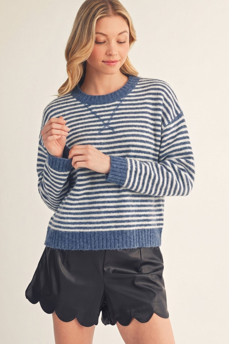 Cozy Blue & White Stripe Pullover Sweater