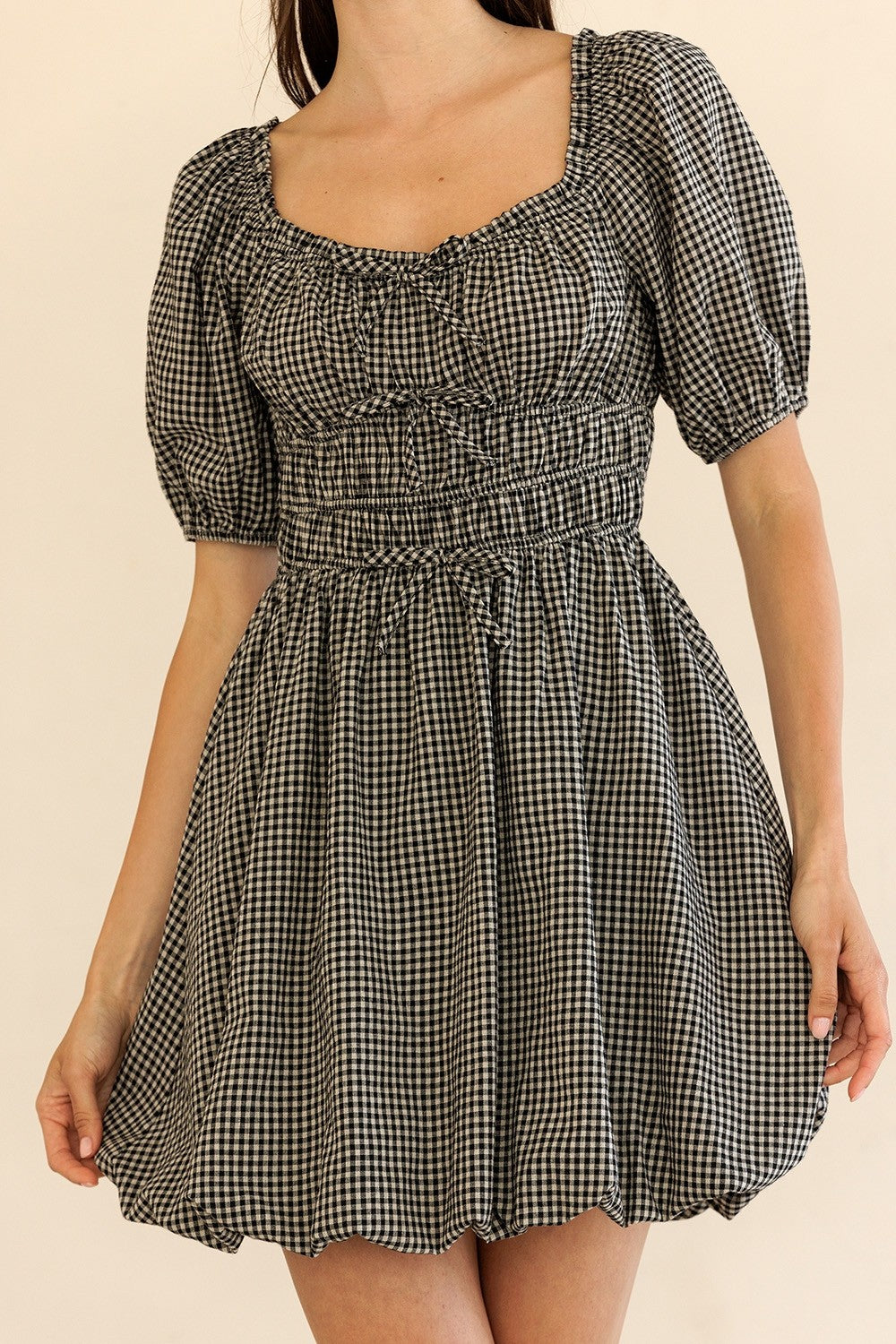 Gingham Puff Sleeve Dress w/ Bubble Hem