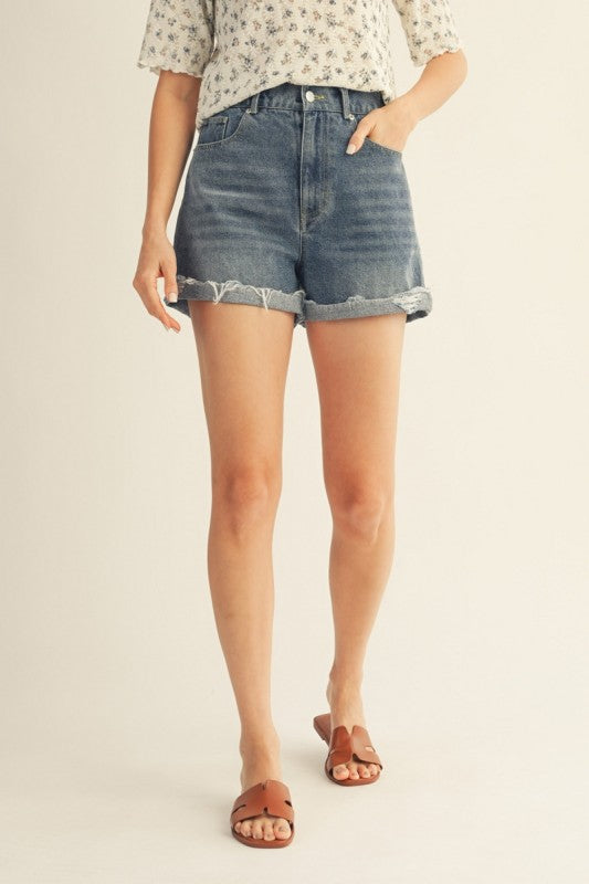 Distressed Hem Washed Denim Shorts