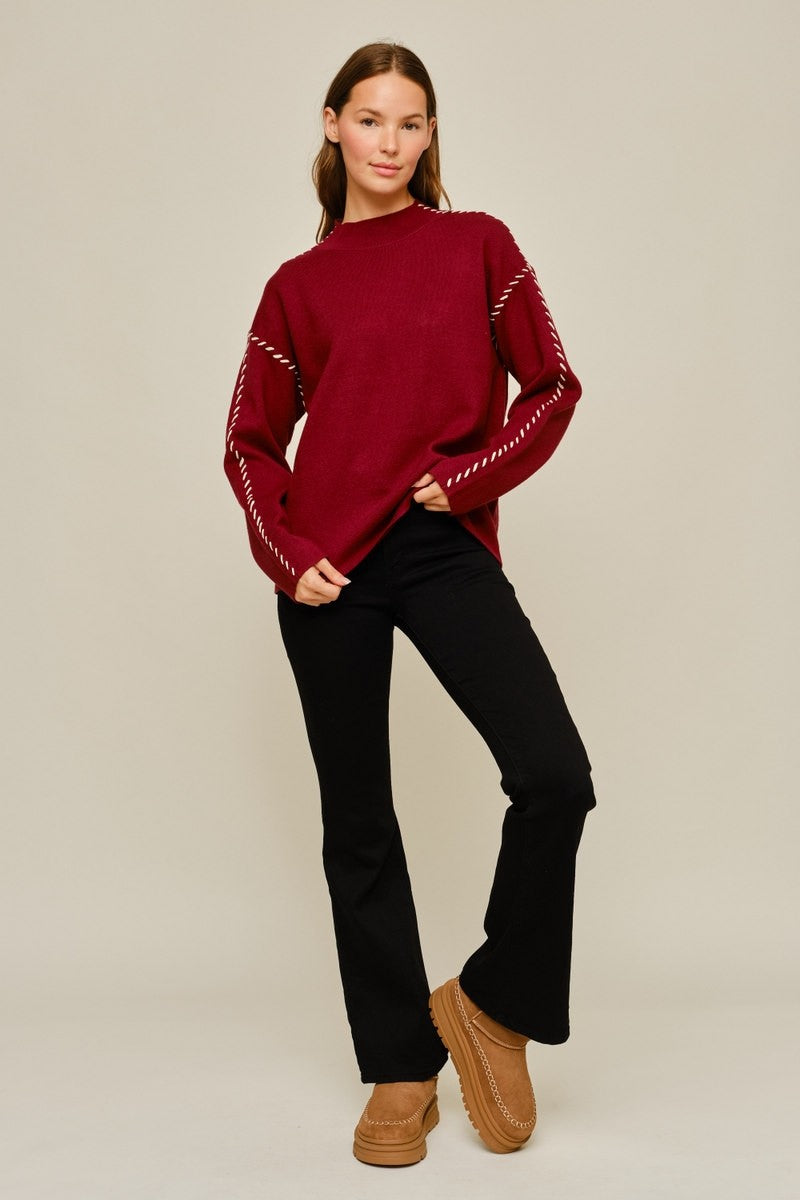 Contrast Stitch Accent Mock Neck Sweater (Burgundy)
