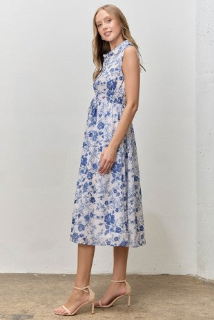 Blue Floral Print Collared Midi Dress (S - XL)