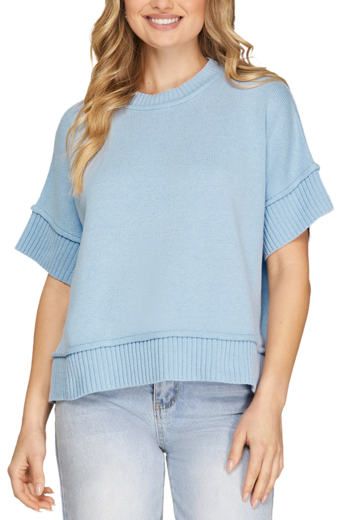 Drop Shoulder Half Sleeve Crew Neck Summer Sweater