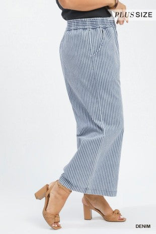 Elastic Waist Striped Denim Pants