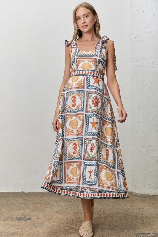 Tie Strap Beach Theme Printed Maxi Dress (1X - 3X)
