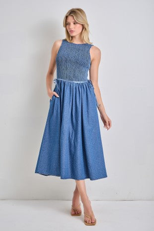 Denim Smocked Bodice Midi Dress w/ Ribbon Ties (XS - 3XL)