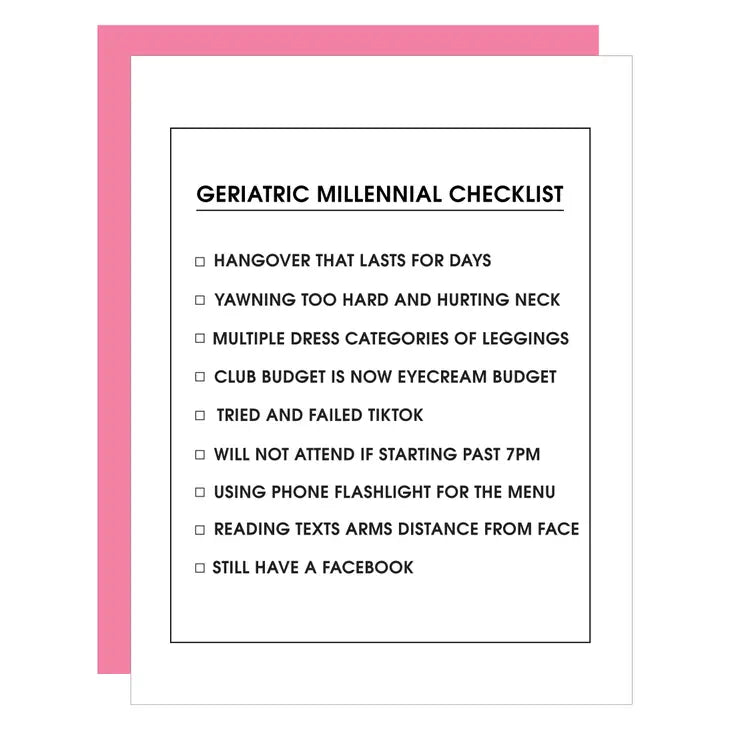 "Geriatric Millennial Checklist" Birthday Card