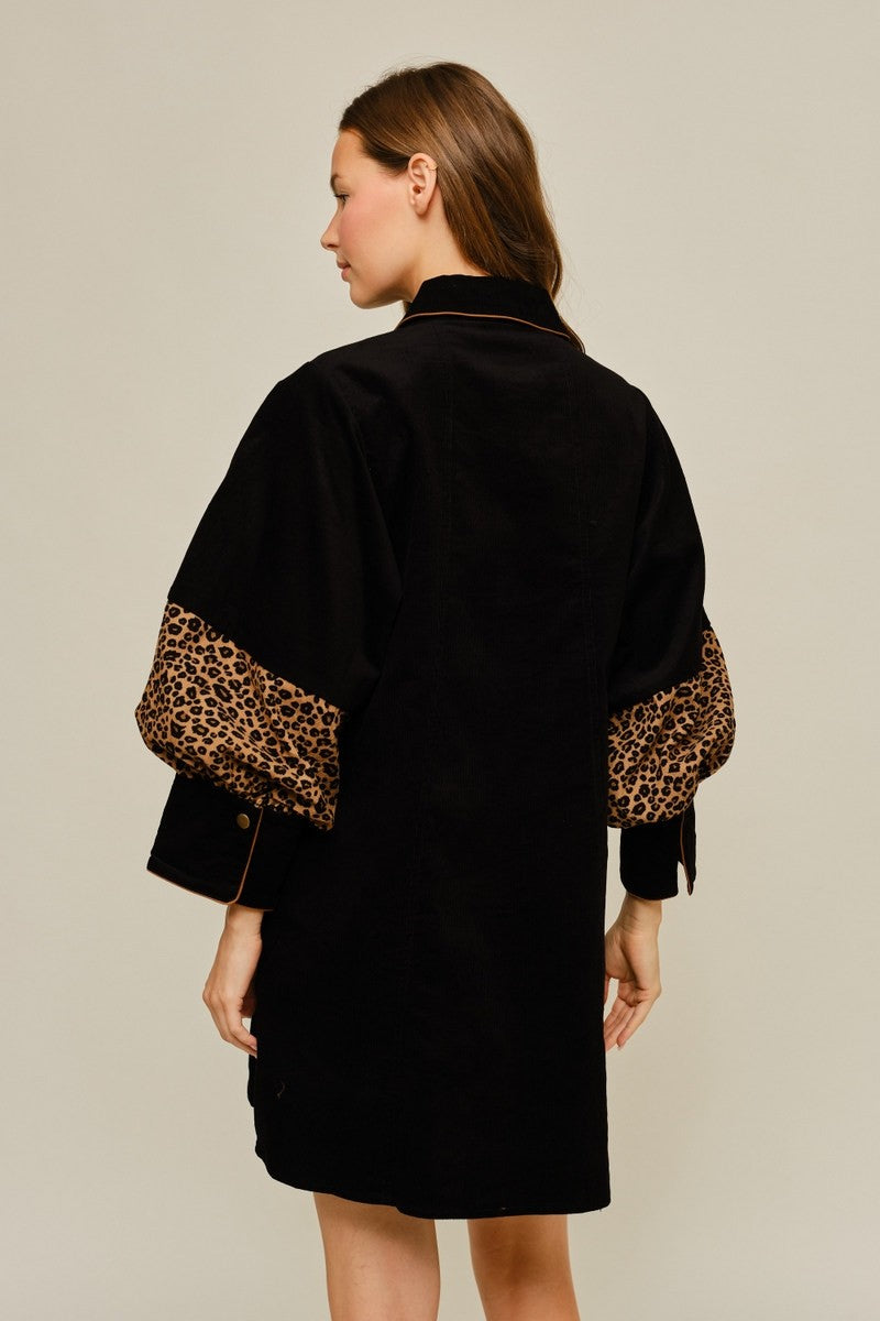 Leopard Contrast Button Front Corduroy Dress