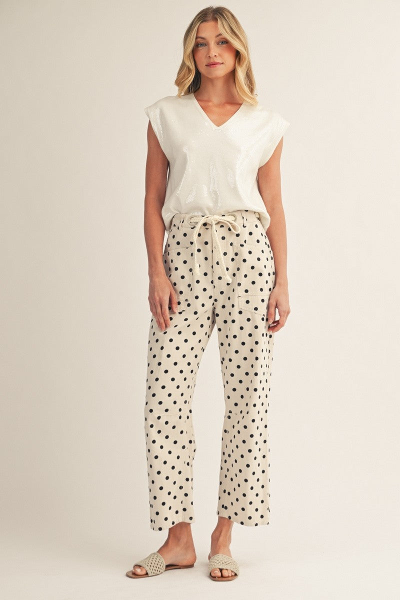 Drawstring Waist Barrell Leg Polka Dot Pants