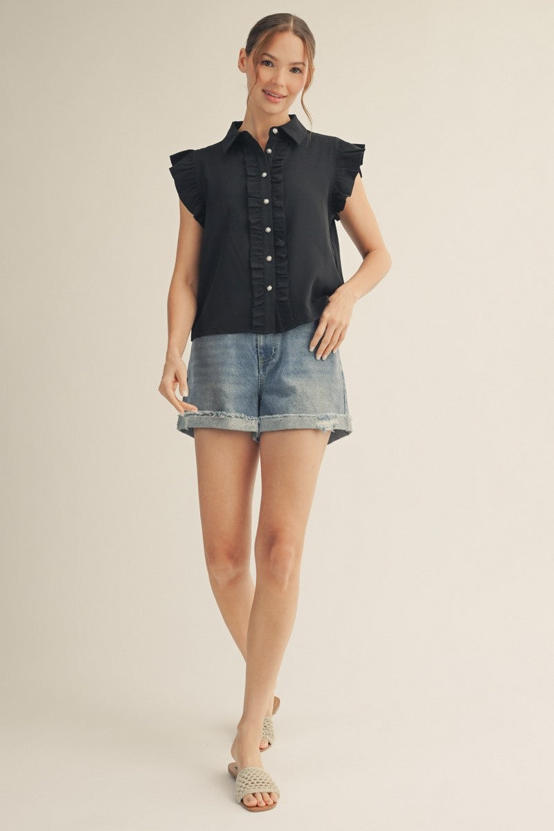 Ruffle Detail Pearl Button Blouse