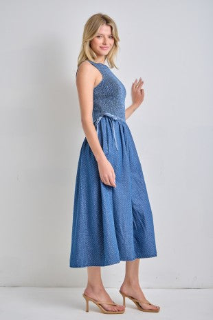 Denim Smocked Bodice Midi Dress w/ Ribbon Ties (XS - 3XL)