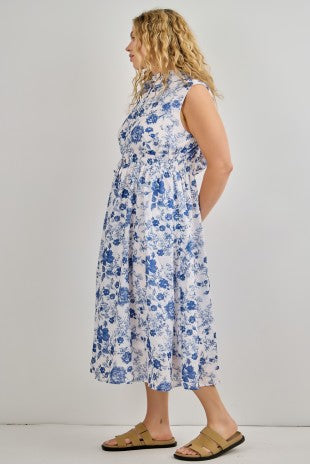 Blue Floral Print Collared Midi Dress (1X - 3X)